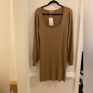 Blue Orchid Ribbed Scoop-Neck Long Sleeve Dress in Tan